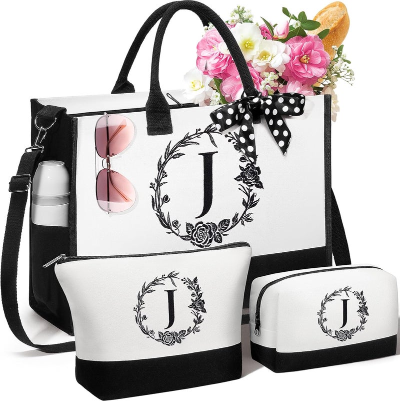 FLOE Personalized Gifts for Women, Initial Canvas Tote Bag & Makeup Bag Monogrammed Beach Tote Bags for Women w/Zipper, Valentines Day Birthday Gifts for Her Wife Girlfriend Mom Sister Best Friend Teacher - Image 1
